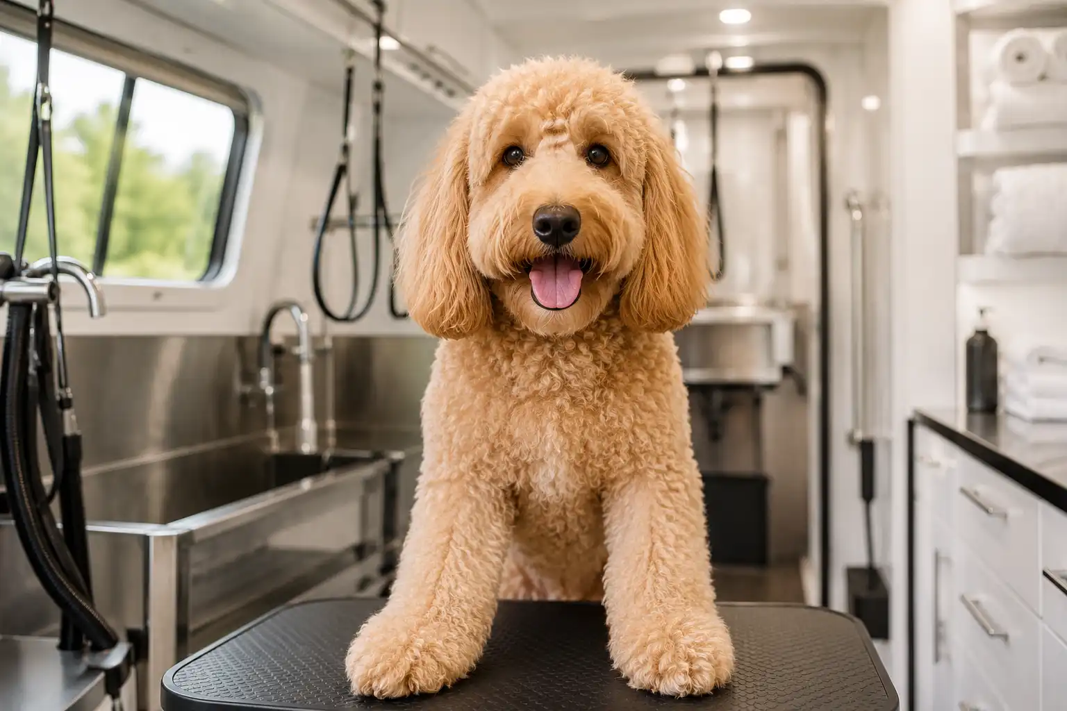 Happy dog in a calm mobile grooming environment