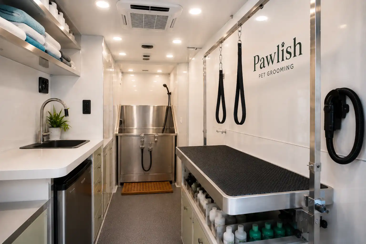 Clean mobile grooming van interior with grooming table and wash station